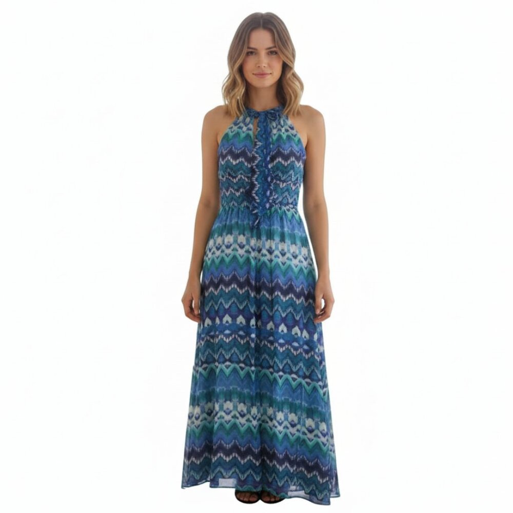 *Eliza J Blue & Green Geometric Halter Maxi Dress – Size 10